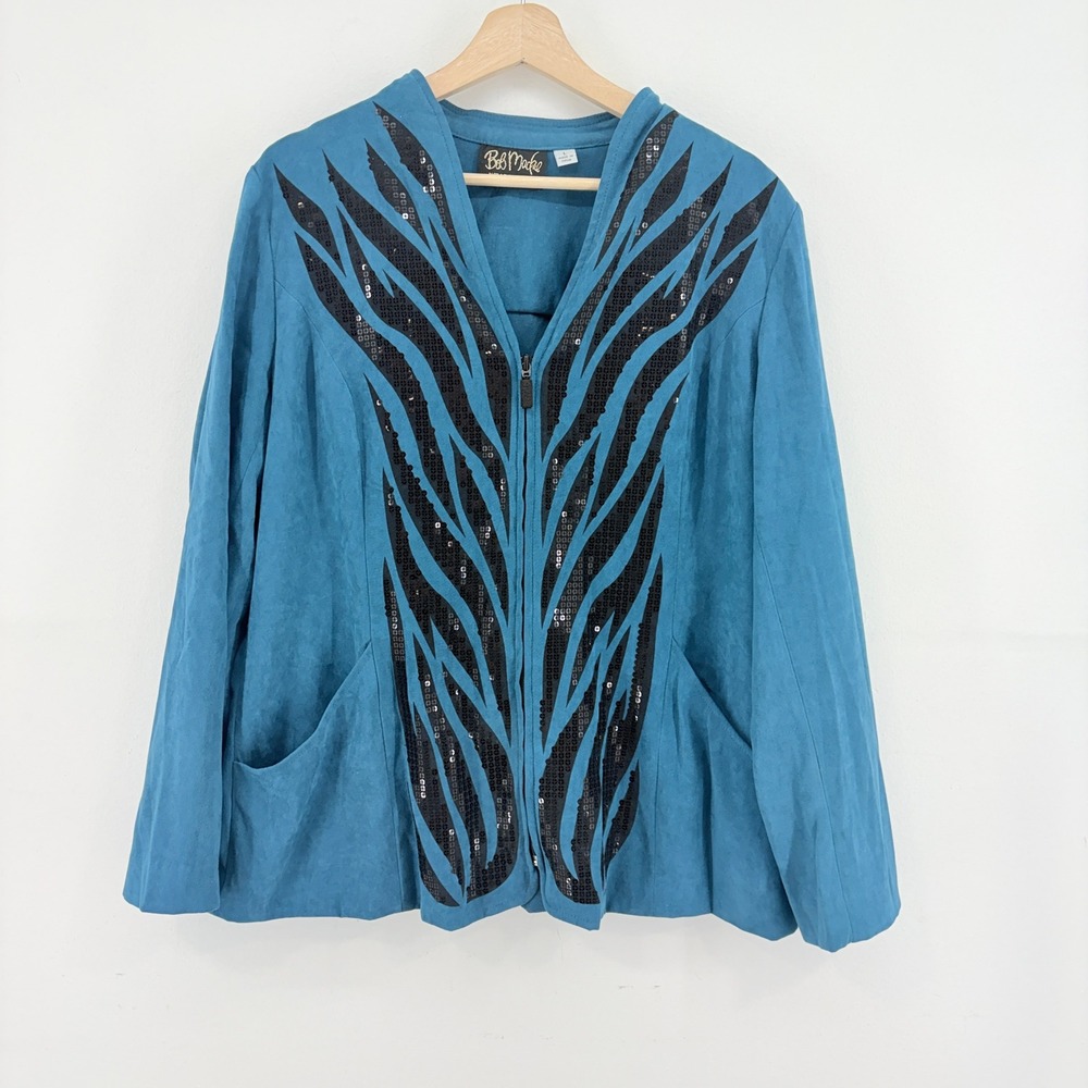 Bob Mackie Wearable Art Y2K Teal Faux Suede Flame Sequin Zip Jacket L Glitz Glam